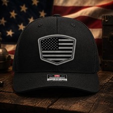 Richardson 112 American Flag USA Leather Patch Snapback Trucker Hat Black