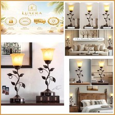 Set of 2 Table Lamps Touch Dimmable 3 Way USB Ports Amber Glass Shade LED Bulb