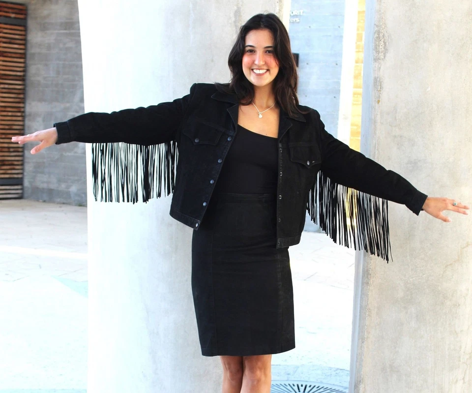 De Colección Años 80 Diamante Cuero Falda Conjunto S Mujeres Negro Lápiz Falda Flecos Chaqueta Foto 4 de 4