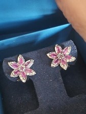 De Buman Sterling Silver 925 Floral Ruby & Zircone Earrings Omega NWOT 