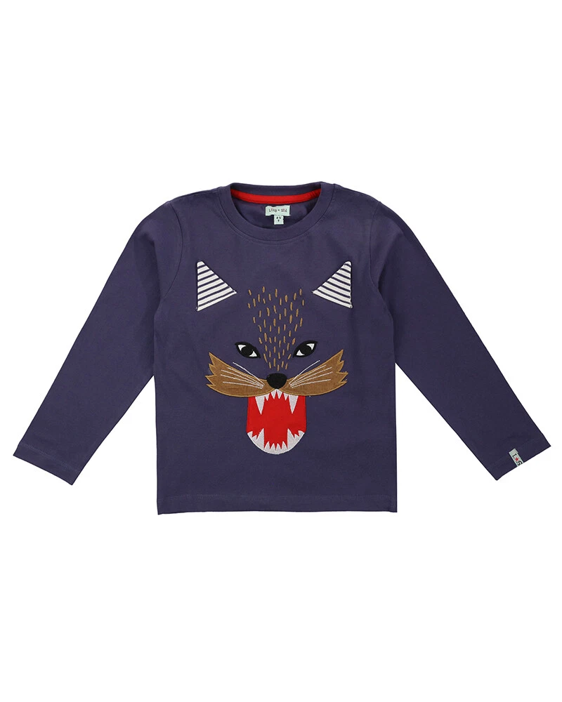 Lilly and Sid Boys Navy Blue Shirt Top Embroidered Wolf Character Long Sleeve