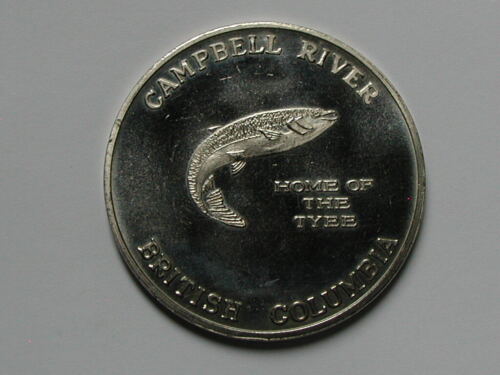 Campbell River BC CANADA 1981 Trade DOLLAR Token with Tyee Salmon Fish & Mascot - Picture 1 of 2