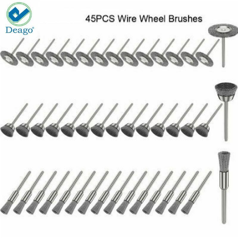 Cepillos de rueda de alambre de 45 piezas troqueleladora de acero inoxidable para juego de herramientas rotativas Dremel