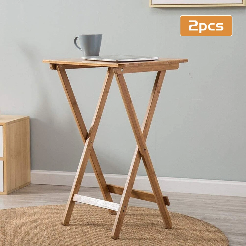 2x 62cm Folding Bamboo Bedside Table TV Tray Work Serving Reading Desk Snack