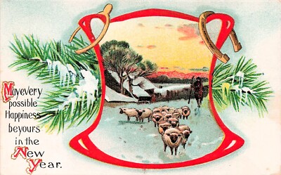 New Year Christmas Card Sheep Shephard Monrovia, California Vtg Postcard F27