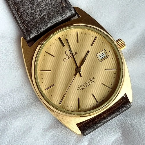 NOS OMEGA Seamaster Quartz 1342 Waffle Dial Ref.196.0186 Gold Plated Date Watch