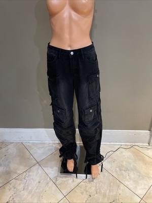 #ad Fashion Nova Black Cargo Pants To Capris Lot Of Pockets Size 1 NWT $30.00