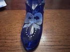 Fenton Art Glass Cobalt Blue Handpainted Princess Slipper Shoe Signed Flowers