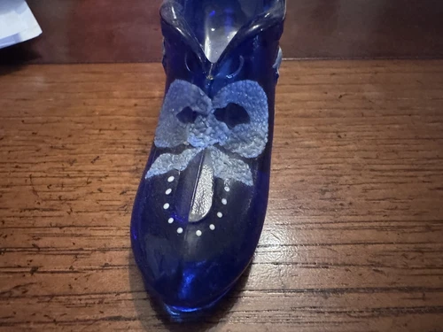 Fenton Art Glass Cobalt Blue Handpainted Princess Slipper Shoe Signed Flowers