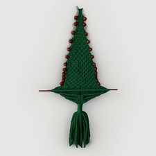 Vintage 1980's Macrame Christmas Tree Boho Wall Hanging Green w/Red Wood Beads