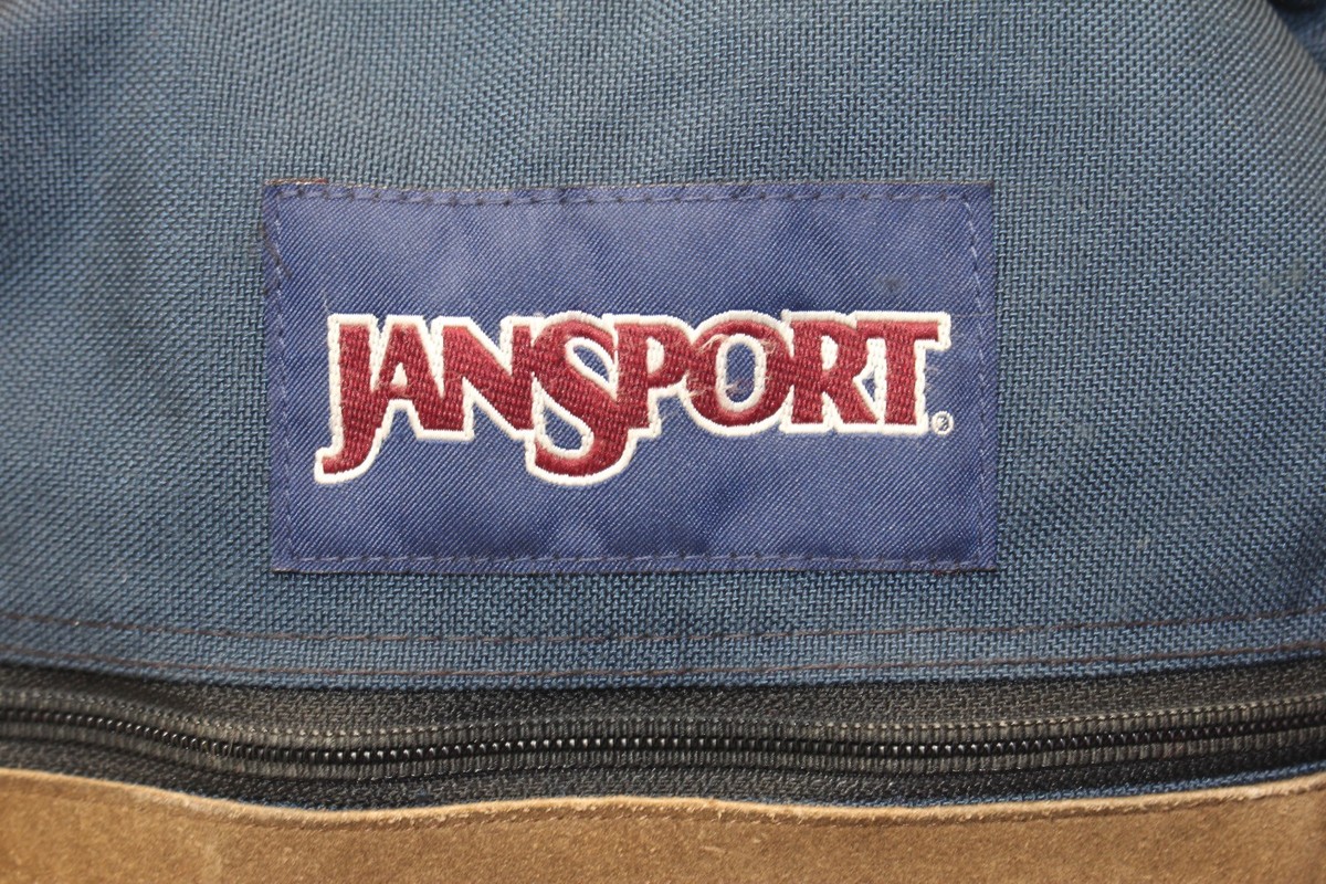 Vintage USA MADE Jansport Leather Bottom Backpack Navy Blue Canvas