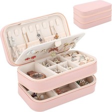 Small Travel Jewelry Box w/ Double Zipper 2 Layers PU Portable Jewelry Case Pink