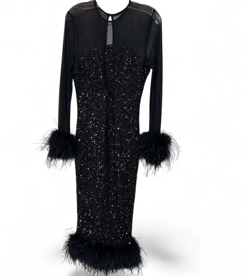Vestido midi de lentejuelas negro Afterglow Club L London con adornos de plumas talla 8 RT $299 Foto 3 de 4