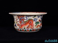 11"Ming Colored glaze porcelain Lion pattern flower Bonsai Potted plants pot