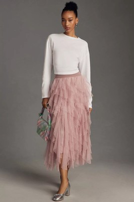 New The Chéri Ruffled Tulle Midi Skirt by Anthropologie Size XL