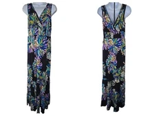 AB Studio Women's Vneck Maxi Dress LG Sleeveless Black Floral Vback Empire Waist