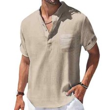 Men's Shirt Button Casual Short Sleeve Cotton Polo Plain Beach Solid 20 OFF 