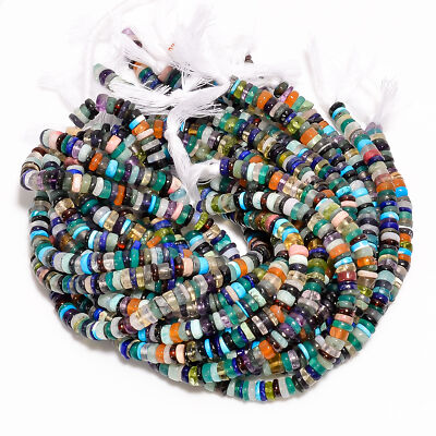 Multi Semi Precious Gemstone Rondelle Smooth Beads 5X5 6X6 mm Strand 8'' EB-358