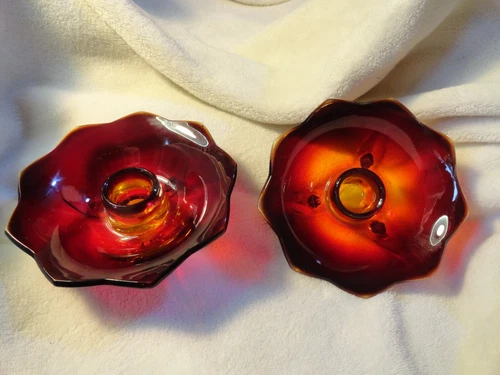 Pair Fenton Red Amberina 4.5" Lotus Taper Candle Holders