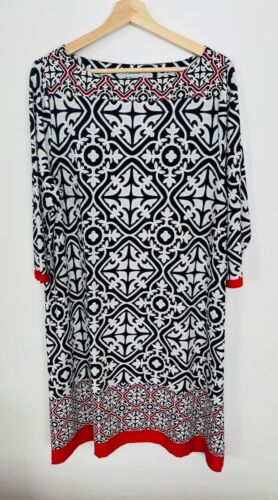 AVENUE 3/4 Sleeve Shift Dress Knee Length Black White Red Sz 18 / 20 - Picture 1 of 7