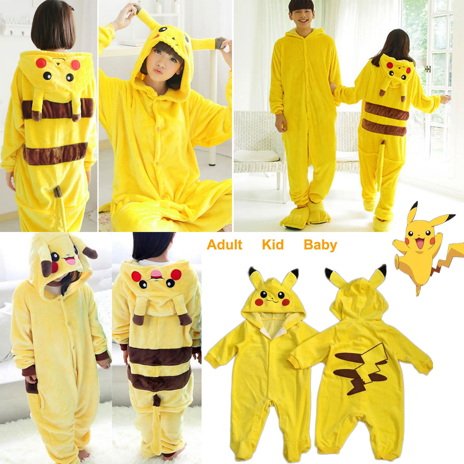 Lovely Pokemon Pikachu Kigurumi Pajamas Cosplay Costume Onesis Sleepwear For Adult Kid Baby