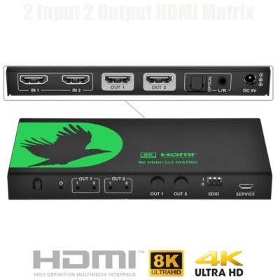 2x2 HDMI Matrix 2 In 2 Out Audio Extraction 8K 60Hz 4K 120Hz HDCP 2.3 IR Remote
