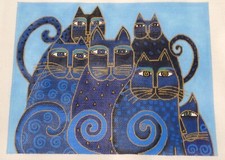 Needlepoint Hand Painted Canvas "Indigo Cats" Signed Laurel Burch 14" by 11"