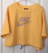 Nike Womens Plus 2X Yellow Paint Logo Cropped Boho Oversized Sweatshirt SS Top