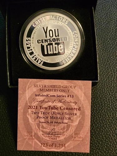 2021 Silver Shield 2 Troy Oz YouTube Censored Proof Medallion
