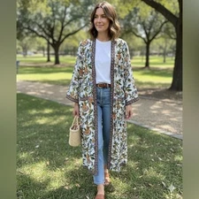 NWT Just Bellina by La Fuori Handcrafted Floral Cotton Kimono Robe Sz S