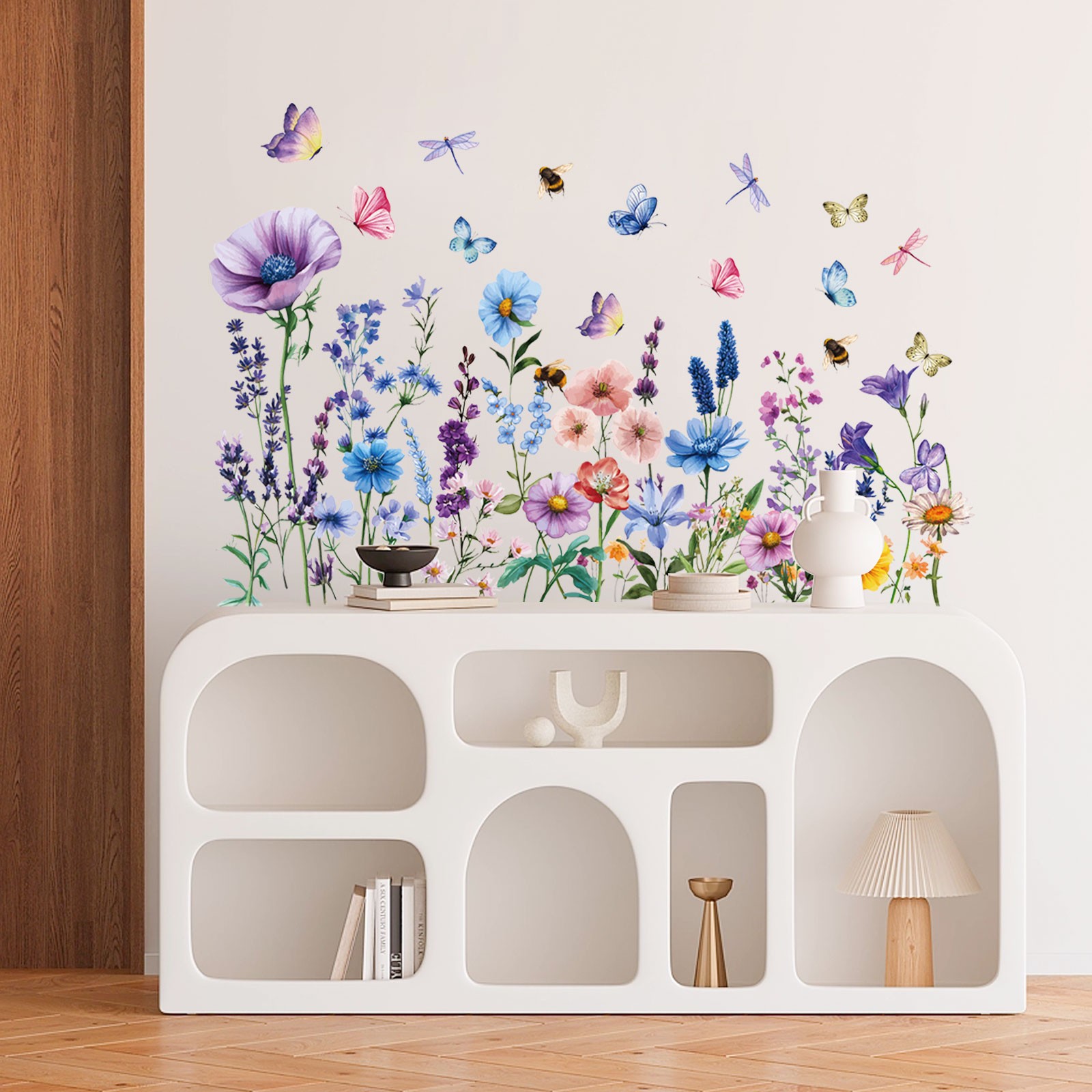 Watercolor Floral Wall Stickers with Colorful Dragonflies, Peel and Stick Mural