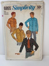 Simplicity 6955 Mens Sewing Pattern Neck 14 Chest 34 Button-Down Shirt 1966 Desi