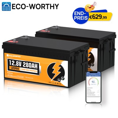 2 Pack 12V 280Ah Bluetooth LiFePO4 BMS Lithium Batterie 7168WH für Wohnmobile