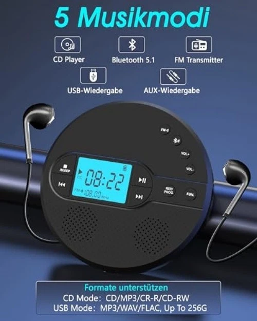 Bluetooth 5 CD-Player | Stoßfest | 2000mAh Akku | 9h Wiedergabe - Bild 3 von 4
