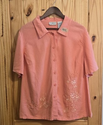 Vintage White Stag Women's Linen Embroidered Blouse Size 14/16w Button Up 90s
