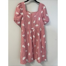 LOFT Salmon and White Print dress mini darts puff sleeve sheath pockets lite S