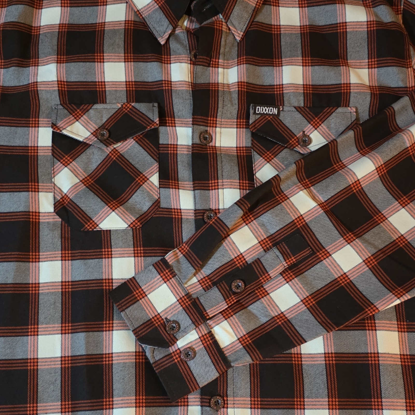 Dixxon Sidecar Men's XL Plaid Flannel Shirt Black Orange Gray White Button-Up
