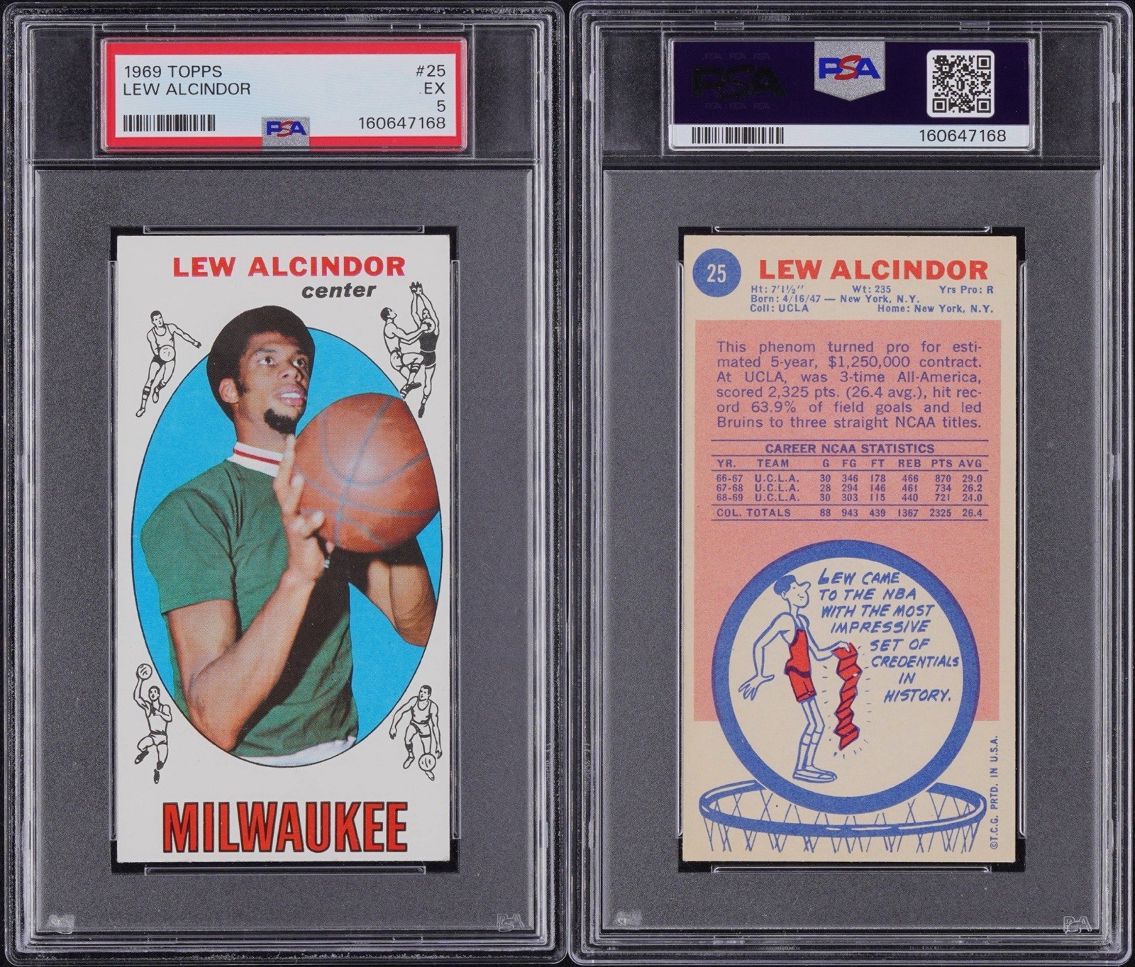 1969-70 Topps Lew Alcindor - Kareem Abdul-Jabbar #25 (RC) PSA 5 EX view 3