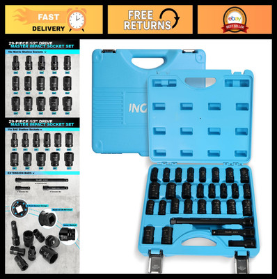 29PCS Drive Impact Socket Set 1/2'' SAE & Metric 10-24mm High Torque CR-MO with E