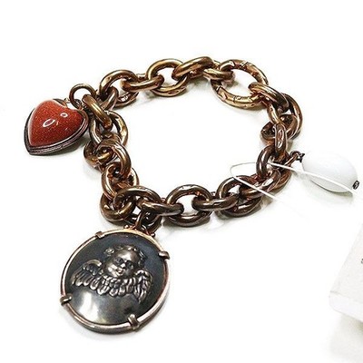 Bottega Veneta Angel Heart Chain Bracelet Bag Charm Brass Brown Gold Auth