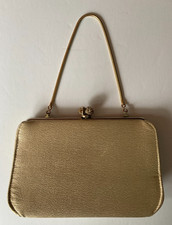 VTG Gold Metallic Evening Bag Clutch Rhinestone Frame Clasp Tuck Away Handle