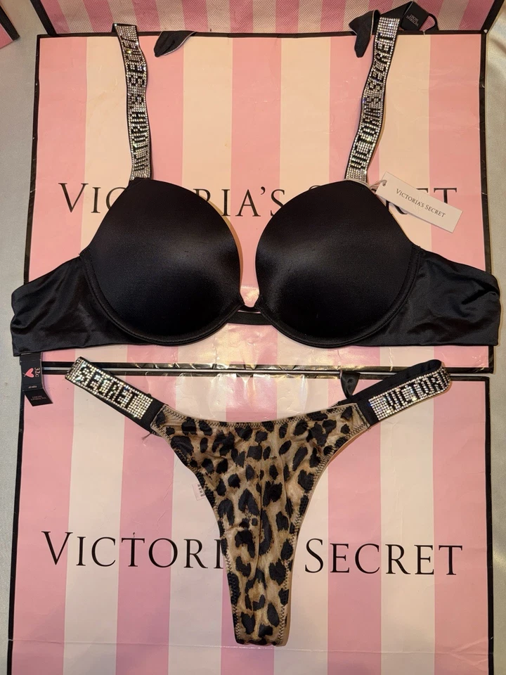 Victoria's Secret Push Up Bra Shine Strap 32C Small Cheetah Thong Last Set - Image 2 of 4