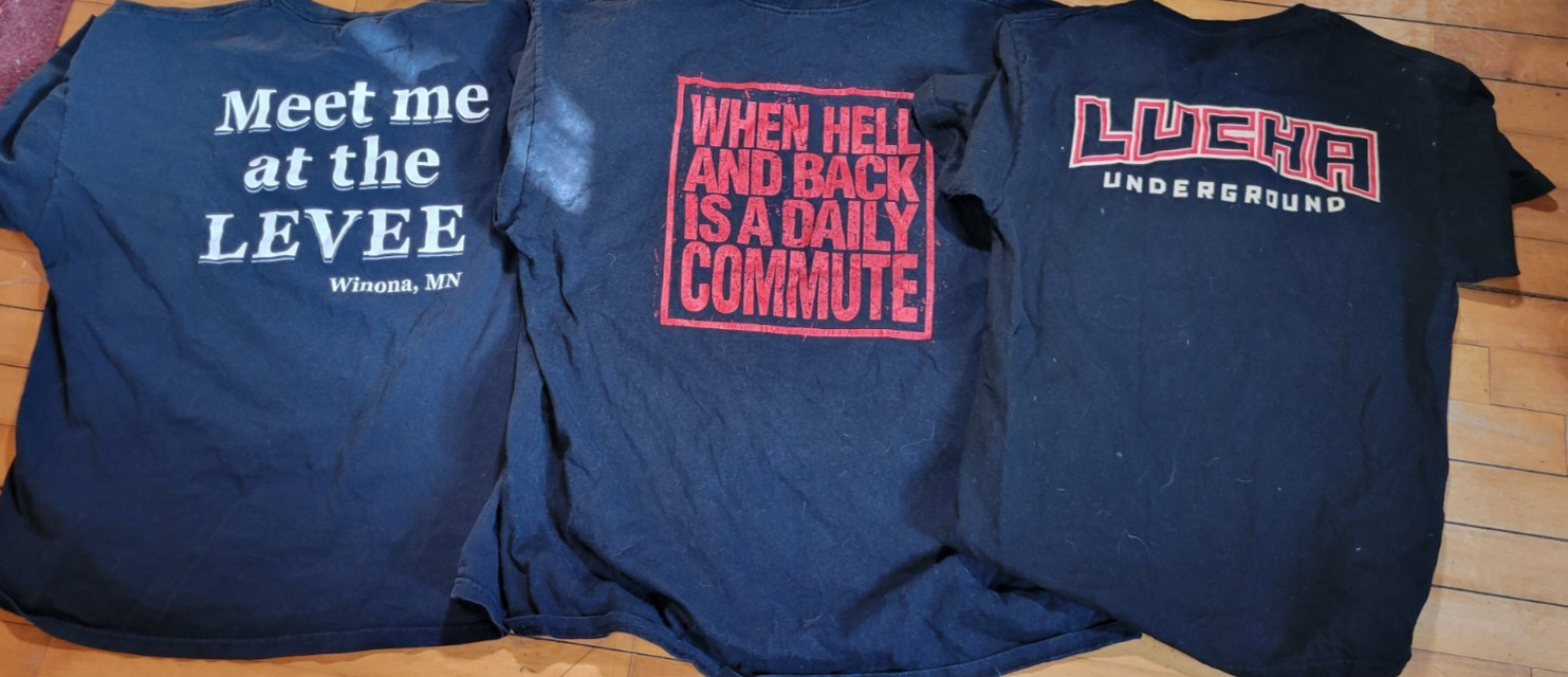 Lot Of 3 Vintage Men's 2XL Funny Action Work Graphic Wrestling Black T-Shirts