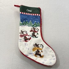 Lands End Needlepoint Christmas Stocking Name Cora Rabbits Bunnies Skiing