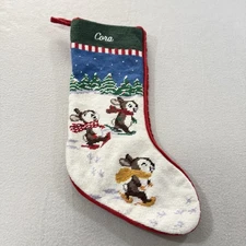 Lands End Needlepoint Christmas Stocking Name Cora Rabbits Bunnies Skiing
