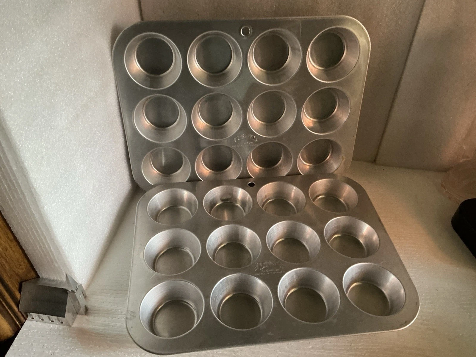 2 - Vintage Comet Aluminum Cupcake Muffin Pan Tin 12 USA 12x10 In