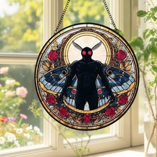 Mothman Floral Stained Glass Suncatcher, Gothic Window Hanging Decor