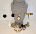 VTG 50s 60s 6 Piece Jewelry Lot Trifari Bulova Goldtone Clear Rhinestone Compact