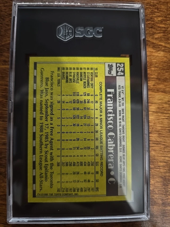 1990 Topps - Francisco Cabrera #254 SGC 9 MT Fresh Grade - Image 2 of 2