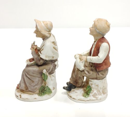 Vintage Bisque Porcelain Figurines Old Man w/Pitcher and Woman Preparing Food - Picture 2 of 5